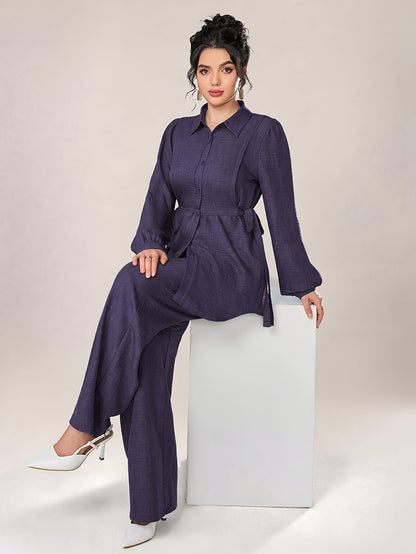 Two-Piece Abaya Set with Wide-Leg Pants, Long Sleeve Design with Back Tie, Suitable for Office and Daily Wear, Soft and Stretchable Fabric, Elegant Middle Eastern Style, Comfortable, Machine Washable, Practical and Stylish