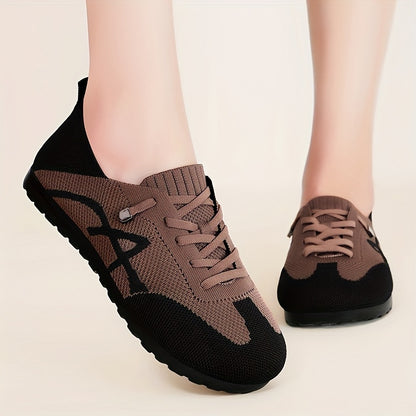 Women's Lightweight Breathable Slip-On Sneakers - Casual Low-Top Shoes with Knit Fabric Upper & Durable PVC Sole, Comfortable for Indoor Outdoor Spring Wear, Brown & Black, Ladies Sneakers