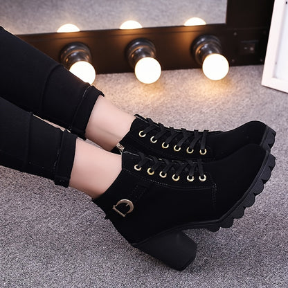 Women's Chunky platform heel Boots - Lace-up closure, Faux Cover Round-toe boots with, Thick Platform Sole for Dresses, Jeans, Party Outfits - All-Season Everyday & Formal Shoes, Stylish Outfit Additions, Side Zipper Detail,