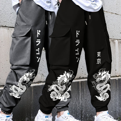 2pcs set Men's casual large pocket overalls elastic waist drawstring printed flower pants for spring and autumn season, for Autumn, Spring