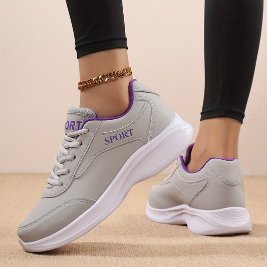 Women's Lightweight Casual Sneakers - Breathable Synthetic Synthetic Leather & Fabric Upper, Cushioned EVA/MD Sole, All-Season Lace-Up Walking Shoes for Work, Travel, Casual Attire - White with Purple Accents, Stylish Athleti