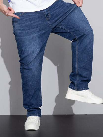 Men's Plus Size Loose Fit Stretchy Cotton Denim Pants, Lightweight Business Casual Jeans For All Seasons
