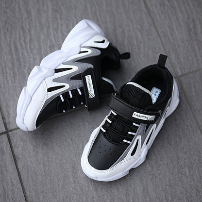 Youngsters' Lightweight Sporty Casual Sneakers with Closure, Geometric Color-Block Design, PU Upper & EVA Sole for Winter/Autumn - Breathable Fabric Lining, Grey & White, Winter Youngsters Footwear | Durable EVA Sole, Girls S