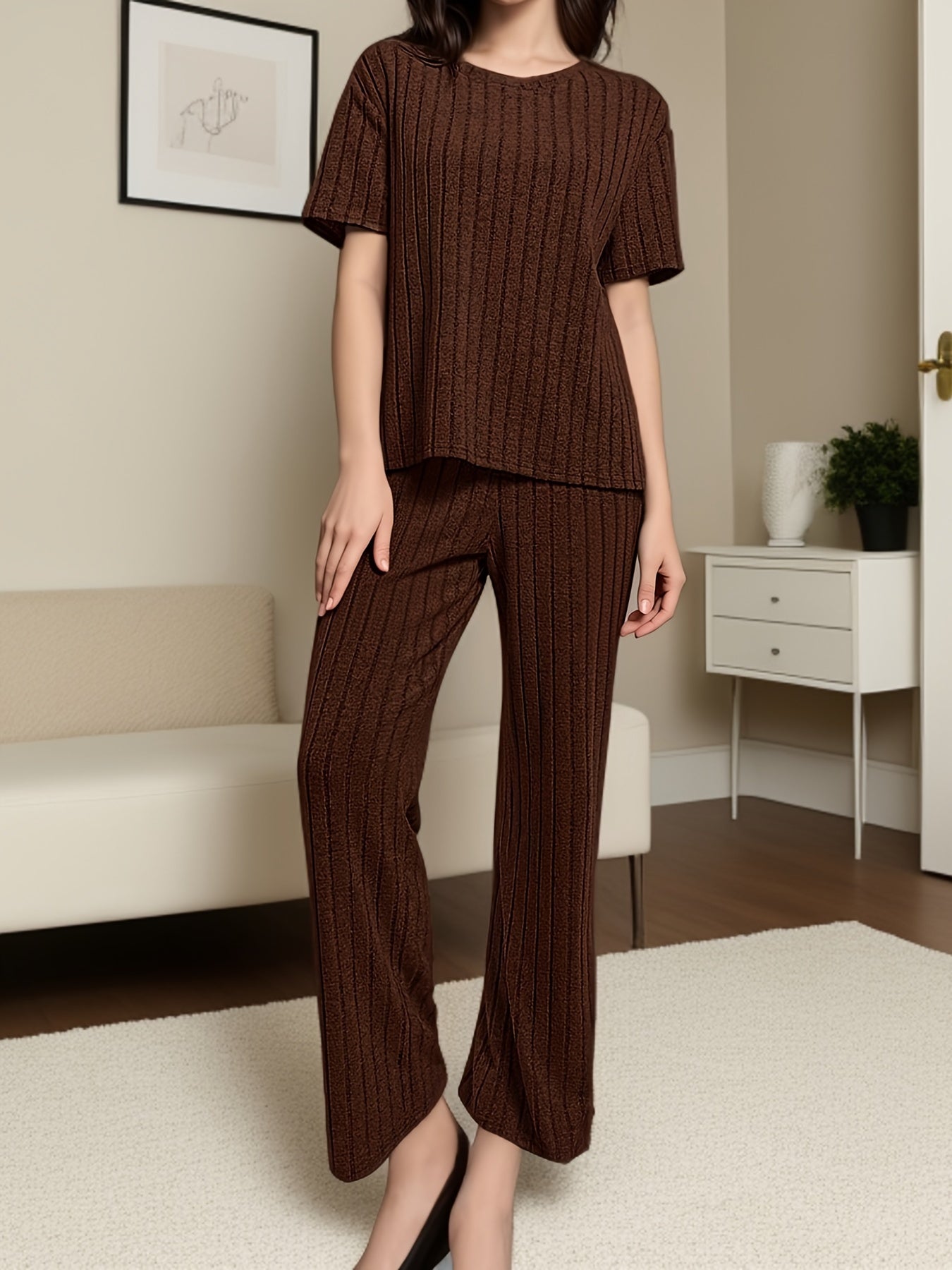 Women's Solid Ribbed Elegant Loose Fit Lounge Set, Short Sleeve Round Neck Top & Pants, Comfortable Relaxed Fit