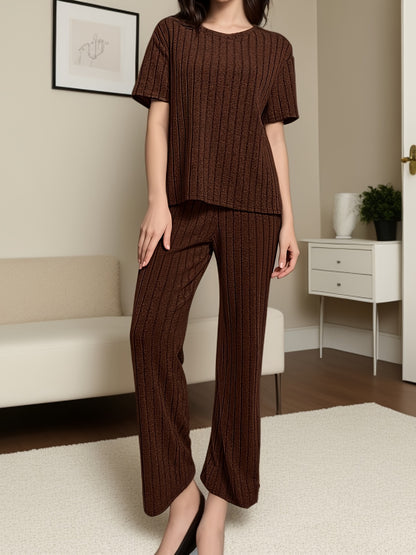 Women's Solid Ribbed Elegant Loose Fit Lounge Set, Short Sleeve Round Neck Top & Pants, Comfortable Relaxed Fit