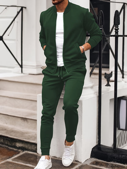 Men'S Casual Polyester Sweatsuit Set with Baseball Collar and Slight Stretch - Solid Color Long Sleeve Knit Fabric Track Suit for Fall/Winter