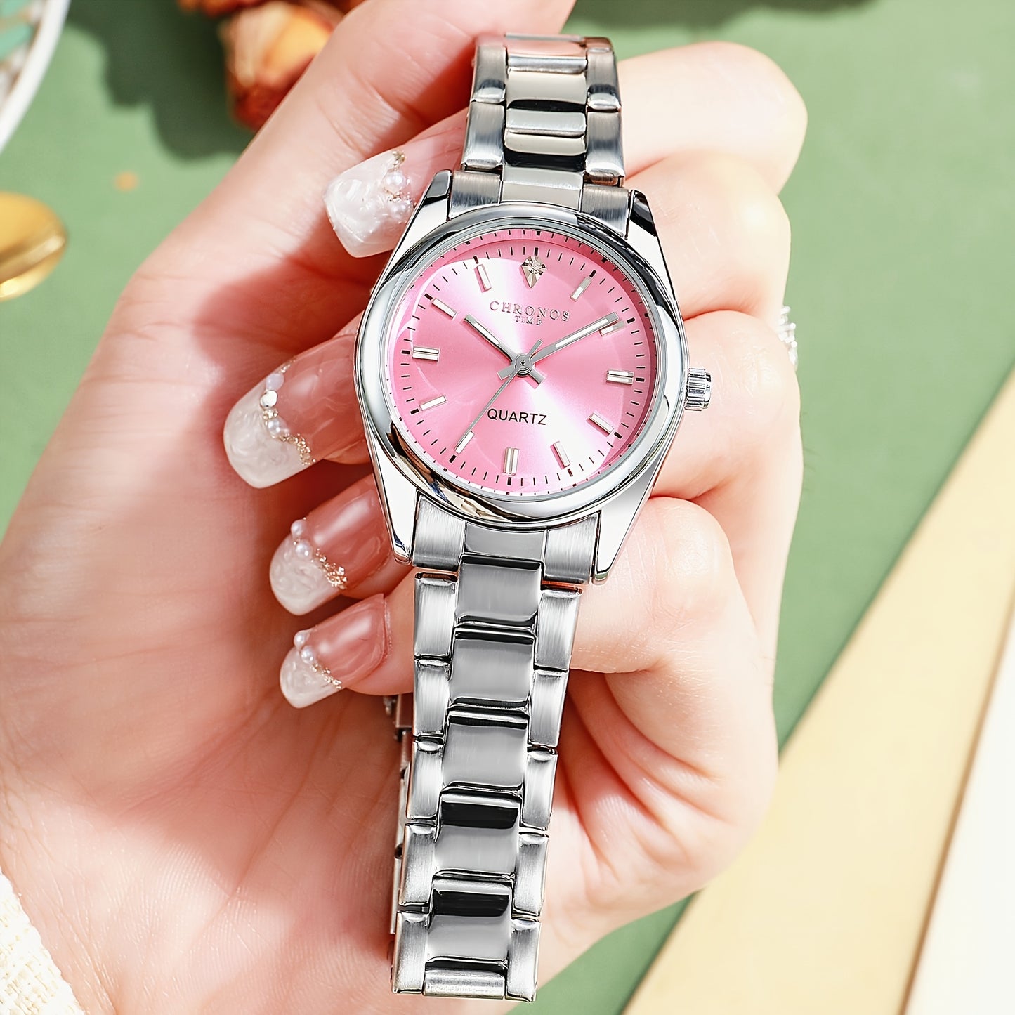 CHRONOS Women'S Quartz Watch - Elegant Stainless Steel Strap, Luminous, Round Dial, Business Casual Style, Perfect for Commuting and Casual Attire, Date Display, Pointer Display, Zinc Alloy Case, Button Battery Powered, Timer