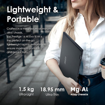 MSI Prestige 16 AI EVO Laptop, Ultra Thin Business Laptop, Intel Ultra 7-155 H, 16" QHD+, 32 GB LPDDR5 RAM, 2 TB SSD, Wi-Fi 7, AI Engine, Windows 11 Pro & MS Office Lifetime License