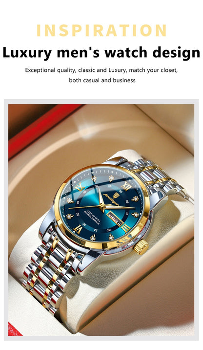 POEDAGAR Men&Women&Apos;S Calendar Week Luminous Stainless Steel Watch - Trendy Casual Quartz Wristwatch with Blue Dial, Roman Numerals, And Date Display, Ideal Gift for Sports Enthusiasts, Casual Wear Watch | Trendy Casual W