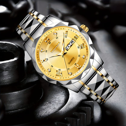 Elegant Men's Stainless Steel Watch with Dual Calendar, Luminous Display & Rhinestone Accents - Perfect for Business or Casual Wear