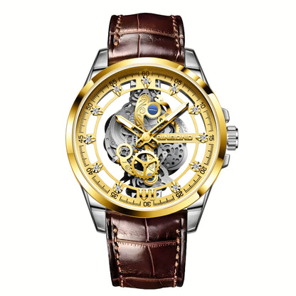 BINBOND Men's Sleek Golden-Tone Quartz Watch - Transparent Dual-Sided Hollow Design, Waterproof with Luminous Hands, Stainless Steel Band, Ideal Gift