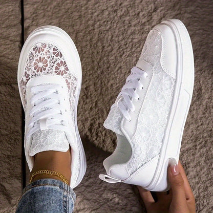 Women'S Elegant Lace Sneakers - Breathable Fabric Upper, White with Floral Pattern, Lightweight & Soft Sole, Durable EVA, Perfect for Daily Work, Sports, Summer Outings & Vacations, Casual Footwear | Elegant Sneaker | Comfort
