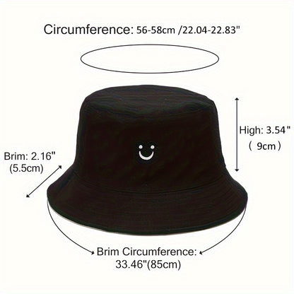 Unisex Black & White Fisherman Hat with joyful Face Embroidery - Double-Sided, Sporty Polyester Bucket Hat for Men and Women, Ideal for Outdoor Activities, Outdoor Hat | joyful Face Embroidery | Durable Headgear