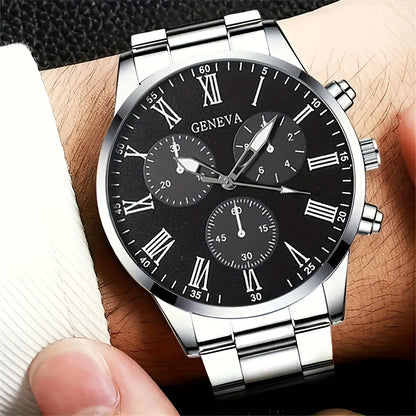 2pcs Elegant Men's Quartz Watch Set, Classic Round Dial Design with Durable Stainless Steel Band, Zinc Alloy Case, Precision Electronic Movement, Casual Fashion Style, Ideal Gift for Father's Day/Valentine's/Ramadan/Birthday/