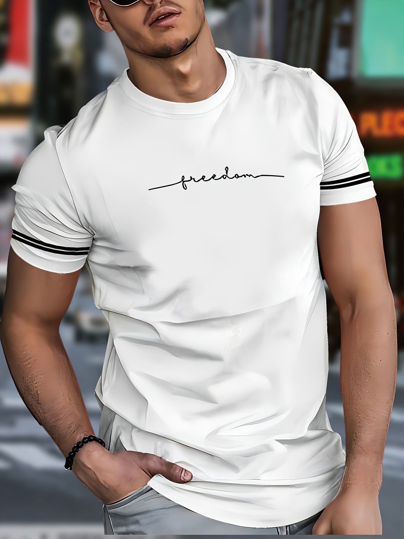 Men'S "Freedom" Graphic T-Shirt - Black Casual Crew Neck Tee with White Stripes, Breathable Polyester Blend, Regular Fit for Casual Attire, Everyday Tshirt | Bold Print Tee | Comfortable Fit, Knit