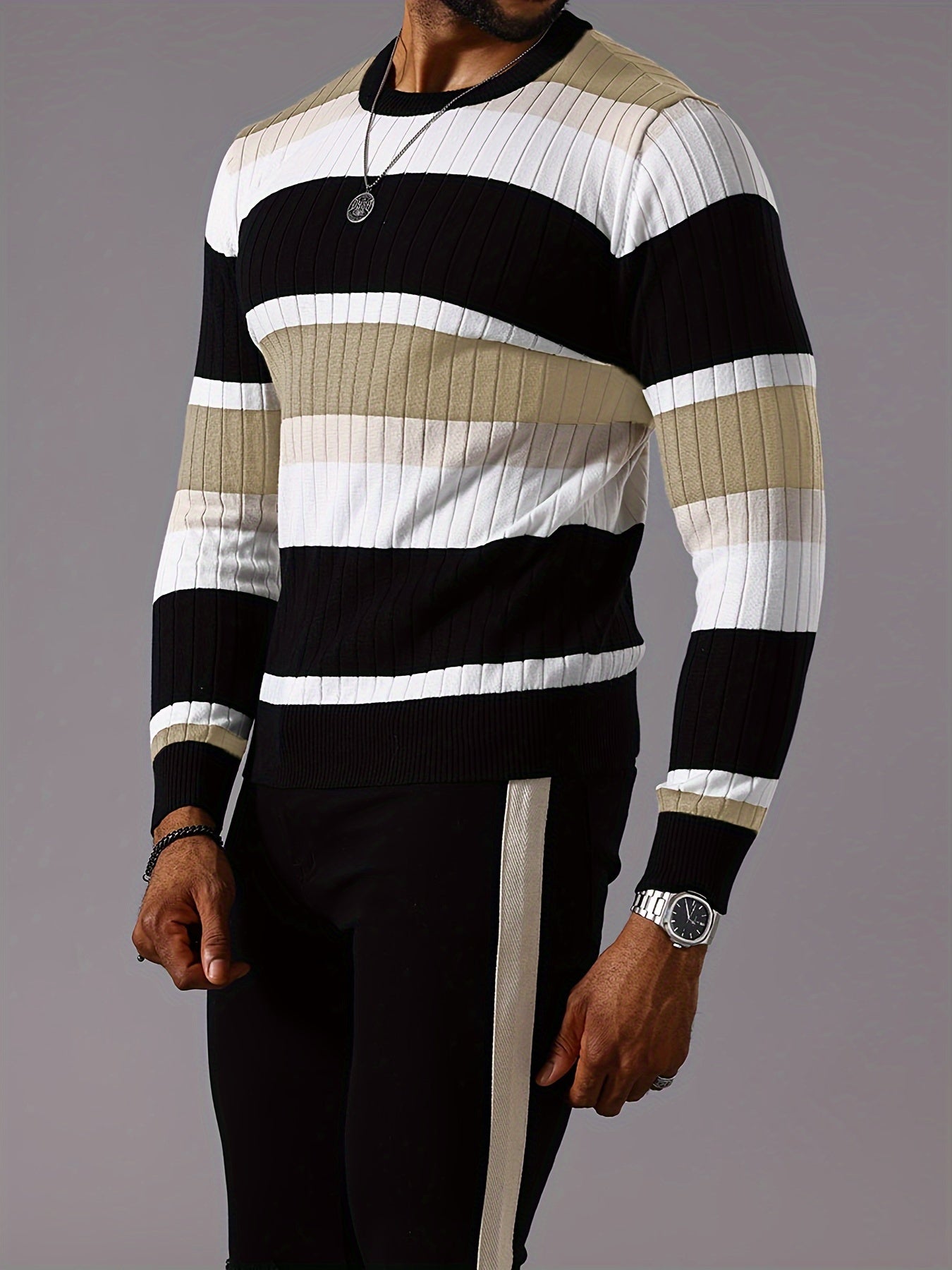 Men's Striped Color-Block Ribbed Knit Sweater - Long Sleeve Round Neck Pullover with Elastic Comfort Fit, Machine Washable Casual Fall Winter Top in Black/White/Green/Beige, Knit Sweater, Medium Elasticity