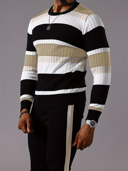 Men's Striped Color-Block Ribbed Knit Sweater - Long Sleeve Round Neck Pullover with Elastic Comfort Fit, Machine Washable Casual Fall Winter Top in Black/White/Green/Beige, Knit Sweater, Medium Elasticity