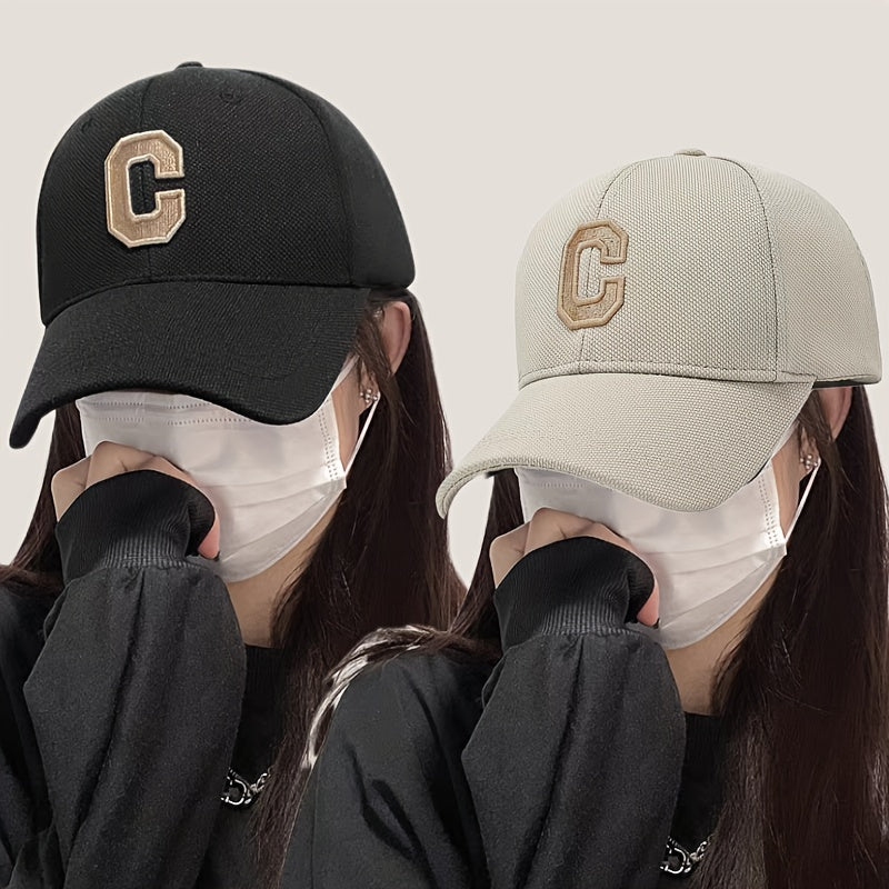 3pcs Unisex Baseball Caps with Embroidered 'C' Logo - Adjustable Snapback,, Breathable Mesh Back for Outdoor Sports, Travel & Valentine's Day (Black/Beige/White), Baseball Hat, Casual Headwear, Stylish Headgear, Sleek Cap Des