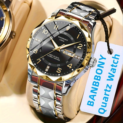 1 New BANBONY Brand Unisex Stainless Steel Quartz Watch with HD Scratch-Resistant Rhinestone-Embellished Simple Digital Round Dial, Luminous Display Date Calendar Battery-Powered Multifunctional Fully Automatic Wristwatch for