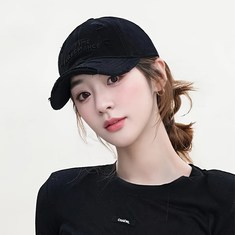 Women's Distressed Embroidered Baseball Cap - Adjustable Lightweight Sun Hat with Wide Brim for Outdoor Travel, Casual Outings & Daily Use, Machine Washable, Outdoor Headwear, Trendy Baseball Cap, Rustic Appeal, Summer Access