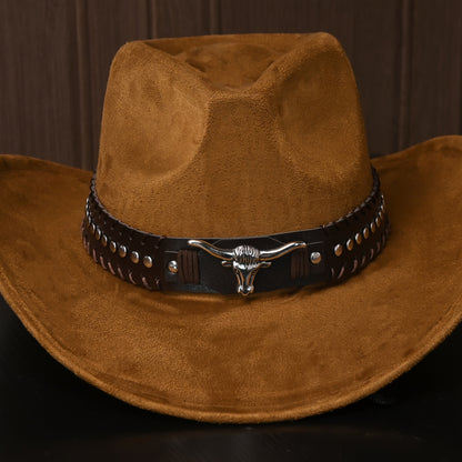 Western Cowboy Hats for Men And Women, Classic Faux Suede with Metal Studs And Bull Pattern, Lightweight Unisex Festival Occasion Hat, Woven Inelastic Polyester with Decorative Accessories, No Feather, Non-Washable