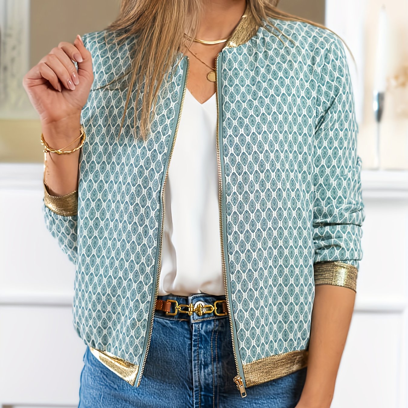 Elegant Special Women'S Fashion Plaid Golden Rimmed Long Sleeve Baseball Jacket