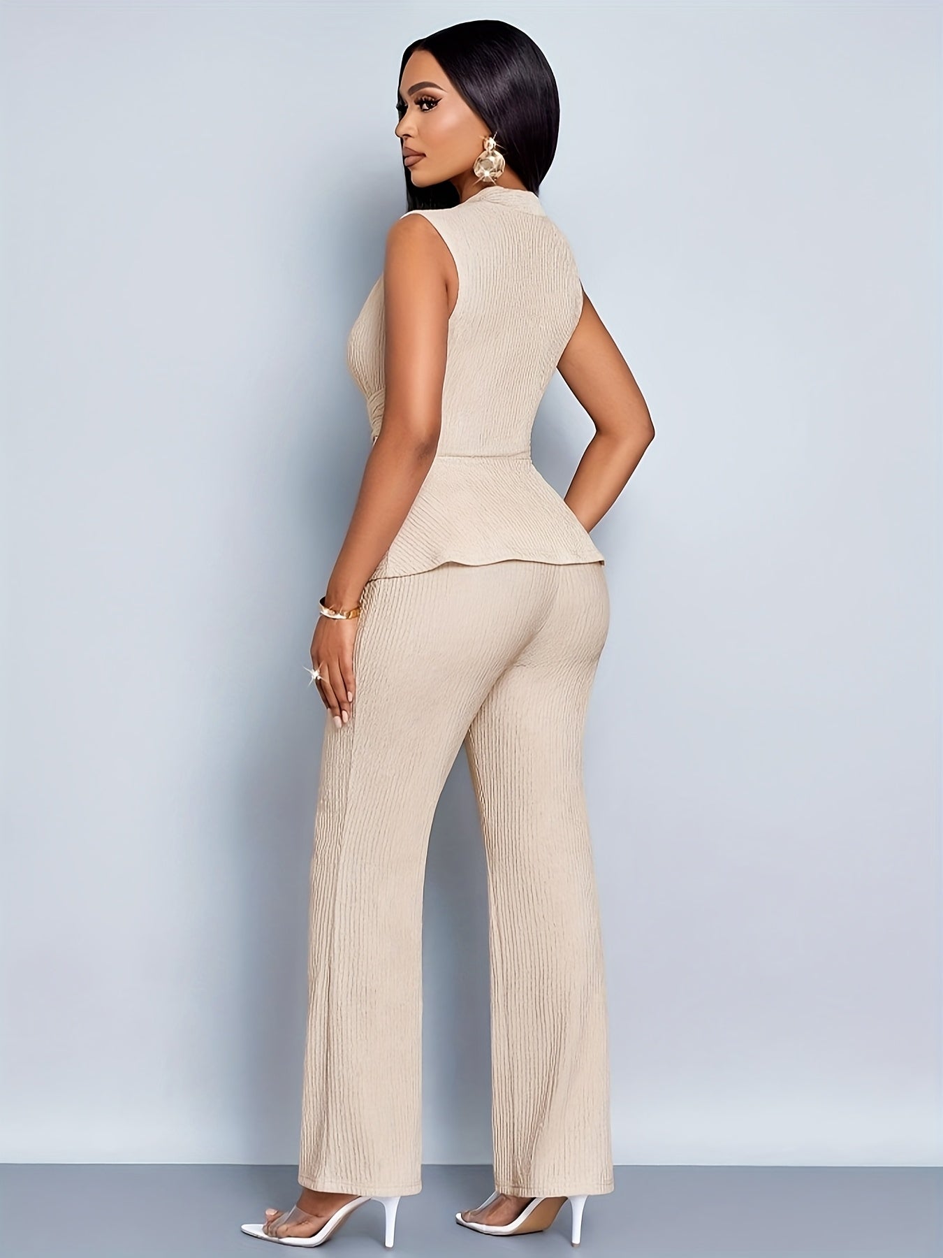 Elegant Women'S Two-Piece Set, Sleeveless V-Neck Top & Wide-Leg Pants, Solid Color, Asymmetrical Design, All-Season Casual Wear, Casual Attire | Asymmetrical Top | Wideleg Pants