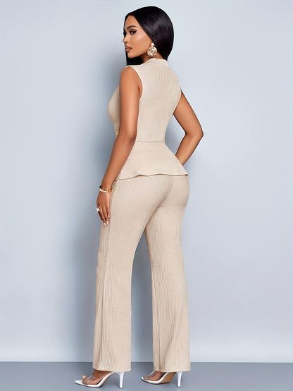 Elegant Women'S Two-Piece Set, Sleeveless V-Neck Top & Wide-Leg Pants, Solid Color, Asymmetrical Design, All-Season Casual Wear, Casual Attire | Asymmetrical Top | Wideleg Pants