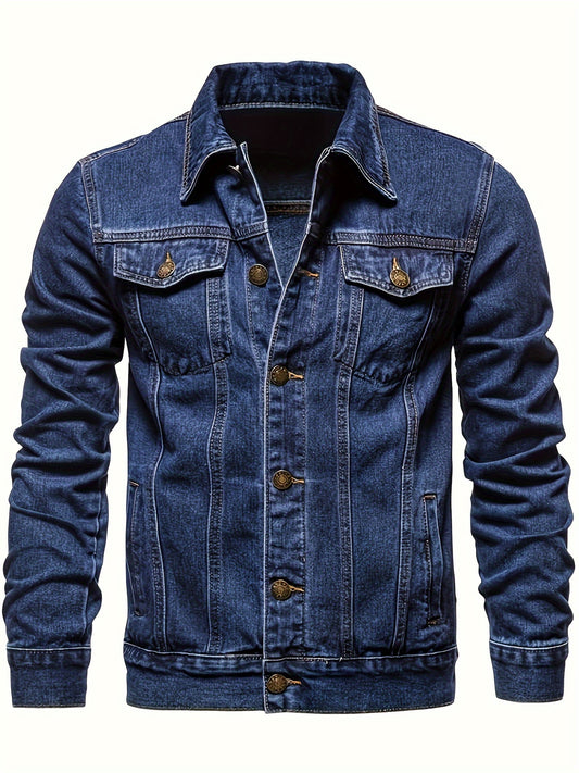 Men's Slim-Fit Denim Jacket - Casual Cotton Blend, Long Sleeve with Pockets, Machine Washable