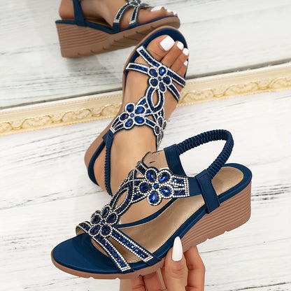 Vibrant Comfort | Bohemian Style Women's Rhinestone Wedge Sandals, Open Toe Platform Heel with Elastic Strap, Summer Beach Music Festival Slip-On Shoes, Man-Made Upper/Inner/Insole, TPR Sole, Beach Sandals | Toe Post Sandals