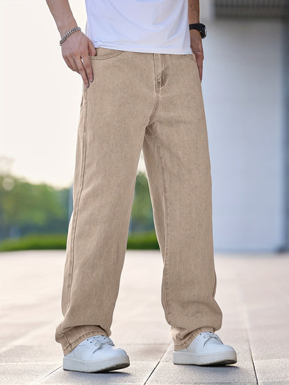 Men'S Casual Straight Leg Jeans, Loose Fit Denim Pants, 87% Cotton 7% Polyester 6% Viscose, All-Season Solid Color Washed Fabric, 290gsm Heavyweight - Gengyuanxuan #TB9005