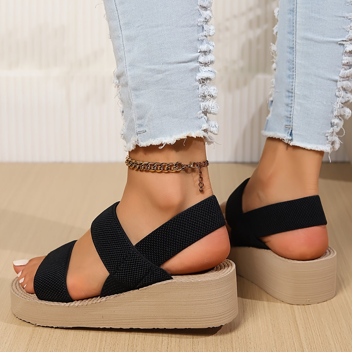 Women's Summer Wedge Sandals, Solid Color Open Toe Elastic Strap Slip On Shoes, Casual Outdoor Beach Sandals