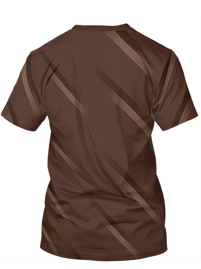 Men's Casual Striped T-Shirt - Brown with White Contrast Stripes, Regular Fit Round Neck, Machine Washable for Everyday Comfort, Summer Clothing, Modern Look, Nontransparent Fabric