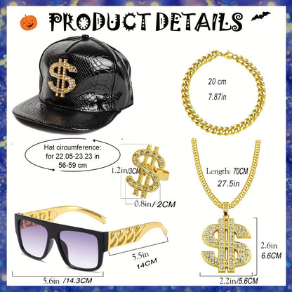 5pcs Hip Hop Costume Kit 80s 90s Rapper Accessories Set Golden Rapper Hat Baseball Cap Punk Fashion Glasses Golden Dollar Sign Pendant Necklace Ring Bracelet for Men Women Carnivals, throwback party Outfit Halloween Jewelry f