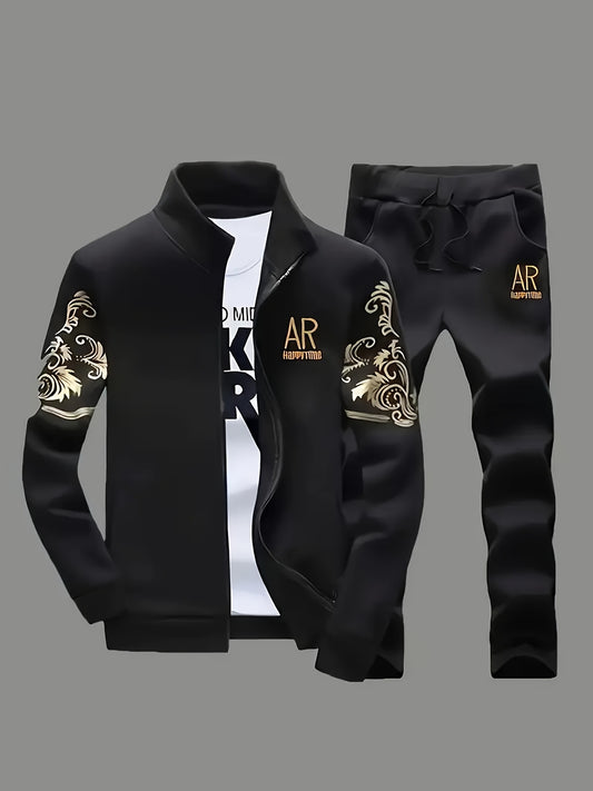New Spring and Autumn Men's Sports Casual Suit, Trendy Fashion Stand-up Collar Long Sleeve Jacket Two-piece Set