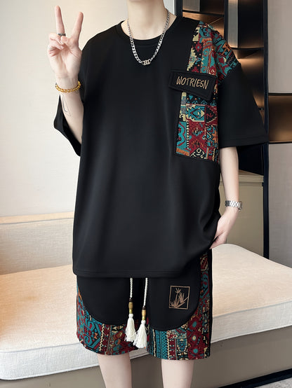 2pcs Men's Summer Casual Outdoor Set, Fashion Ethnic Style Round Neck Short Sleeve T-Shirt and Shorts Suit with Embroidery Design Loose Fit, Short Sleeve + Drawstring Shorts Combo, Suitable for Summer Outdoor Activities