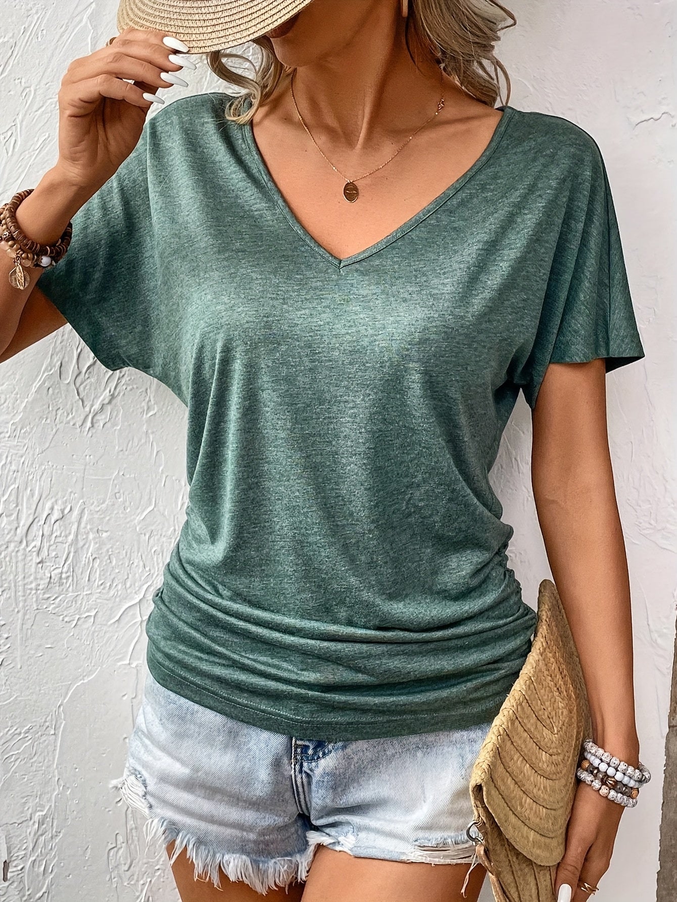Women'S V-Neck Ruched T-Shirt - Olive Green Casual Top with Short Sleeves, Frayed Hem, and Button Detail, Perfect for Summer Outfits, Casual Summer Wear | Vneck Top | Ruched Texture