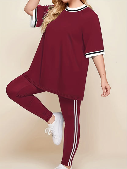 Women'S Plus Size Casual Lounge Set - Gray & White Striped Oversized T-Shirt with Matching Joggers, Comfortable All-Season Home Outfit, Joggers for Women