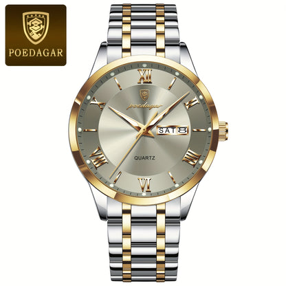 POEDAGAR Men'S Quartz Watch, Sports Style, Waterproof 3ATM, Luminous Calendar, Stainless Steel Strap, Pointer Display, Alloy Case, Electronic Drive, Non-Rechargeable Button Battery, with Spring Festival and Football Holiday T