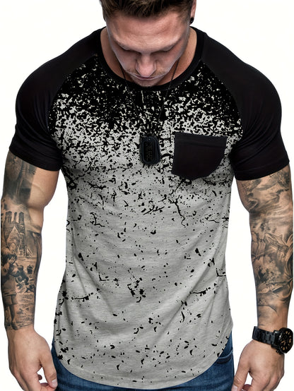 Chic Printed T-shirt, Men's Casual Street Style Stretch Round Neck Tee Shirt For Summer