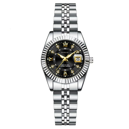 KASRLUO Elegant Women's Quartz Watch - Luminous Date, Stainless Steel Band, Precise Movement with Moon Phase Calendar, Timepiece
