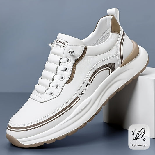Men's Breathable Lightweight Casual Sneakers - Soft EVA Sole, White & Brown Low-Top Lace-Up Shoes for Casual Attire & Light Running, All-Season Comfort, Sleek Shoe Design, Daily Walking, Minimalist Style, Flexible Sole, Urban