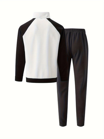 Men's Sporty Color Block Zip-Up Jacket & Joggers Set - Polyester Blend, Perfect for Spring/Fall