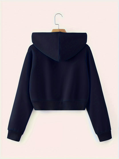Zip Up Cropped Drawstring Hoodie, Casual Long Sleeve Sweatshirt For Spring & Fall, Women's Clothing