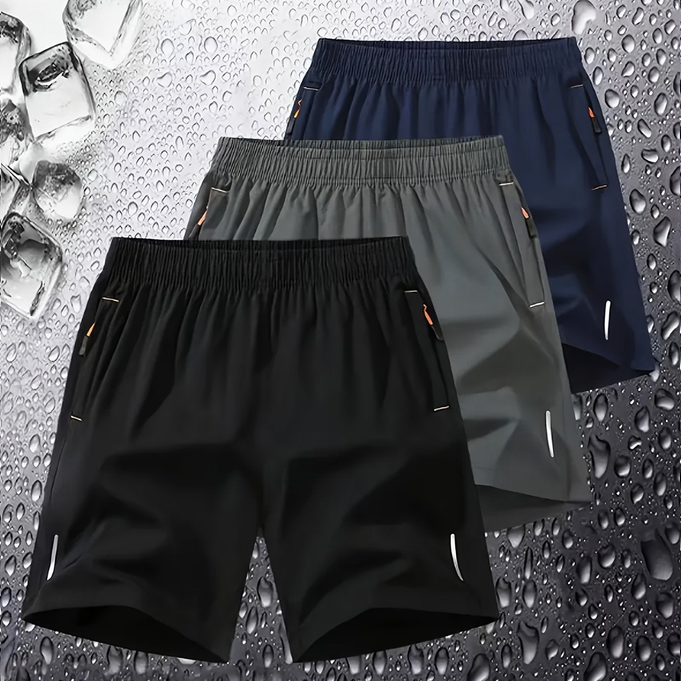 3-Pack Men'S Fashion Sports Casual Shorts, 97% Polyester 3% Elastane, Solid Color, Zipper Detail, Woven Fabric, Slight Stretch, Loose Fit, 117g/m² Weight