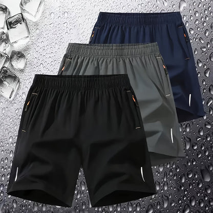 3-Pack Men'S Fashion Sports Casual Shorts, 97% Polyester 3% Elastane, Solid Color, Zipper Detail, Woven Fabric, Slight Stretch, Loose Fit, 117g/m² Weight