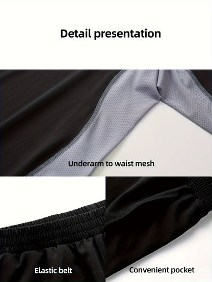 Men'S 3pcs Athletic Set, Breathable Mesh Long Sleeve Top, Skinny Fit Polyester & Spandex, Crew Neck, Solid Color, High Stretch, for Running, Basketball, Hiking, Training - Fall/Winter Sports Outfit
