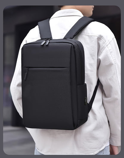 1pc Lightweight Business Laptop Backpack, 33.02/35.56/38.1 cm Computer Bag with USB Charging Port, Adjustable Straps, Zipper Closure, Polyester Lining, Wet Wipe Clean, Black Fabric Travel & Student Bookbag for Men and Women,