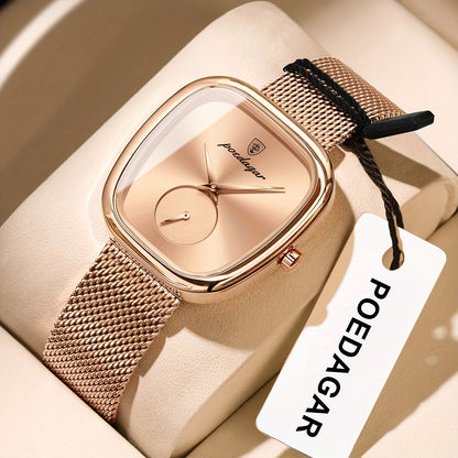 POEDAGAR Elegant Women's Quartz Watch - Waterproof, Stainless Steel Mesh Band, Rose Golden Square Dial, Black Strap, Perfect for Parties & Casual Attire, Stylish Timepiece | Elegant Design | Mesh Strap Watch, Watch Accessorie