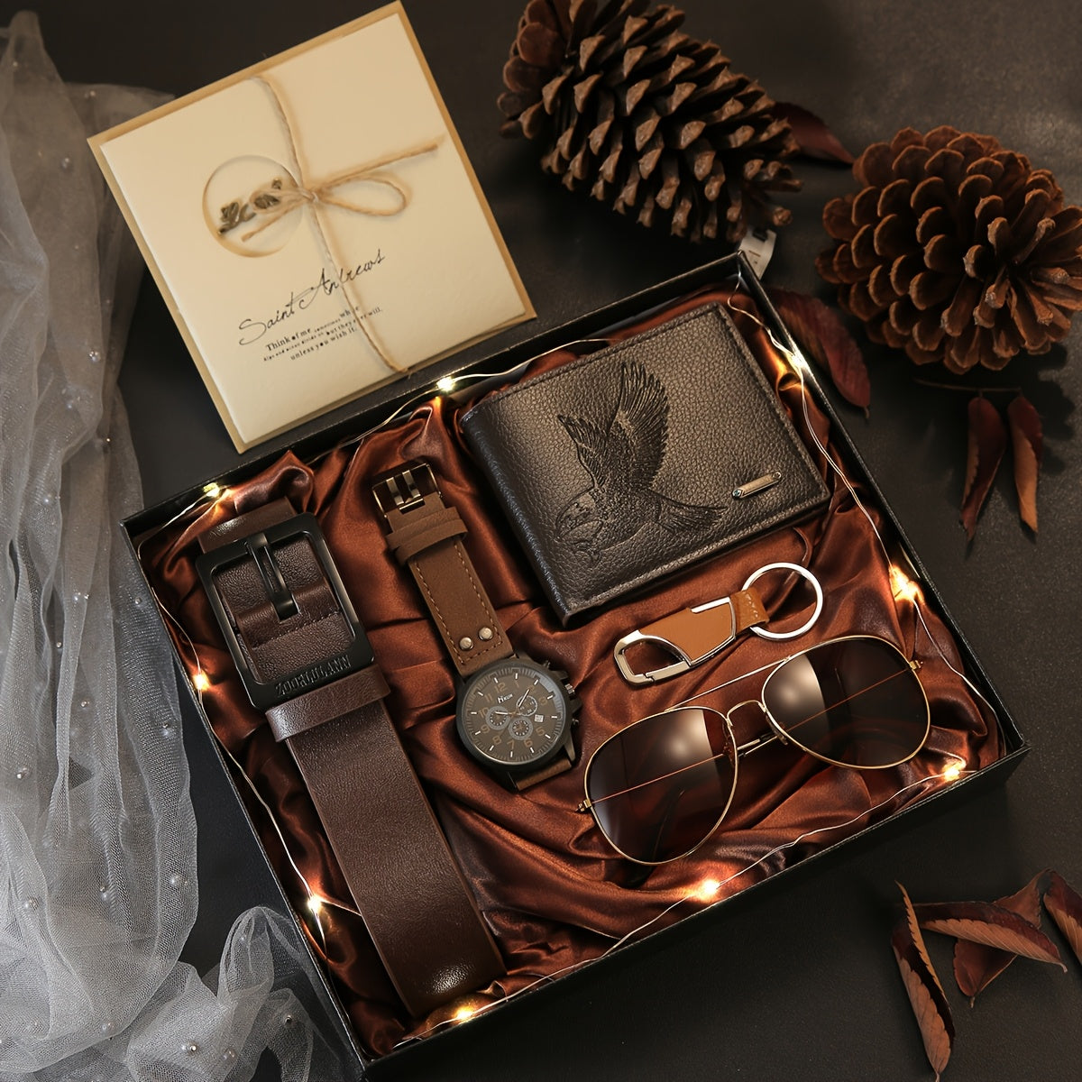7pcs Business Casual Stylish Men's Watch Set + Fashion Glasses + Wallet + Belt, etc., Perfect Gift for Father's Day Teacher's Day Thanksgiving